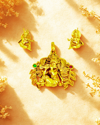 Krishna Flute Gold-Plated Pendant Temple Set