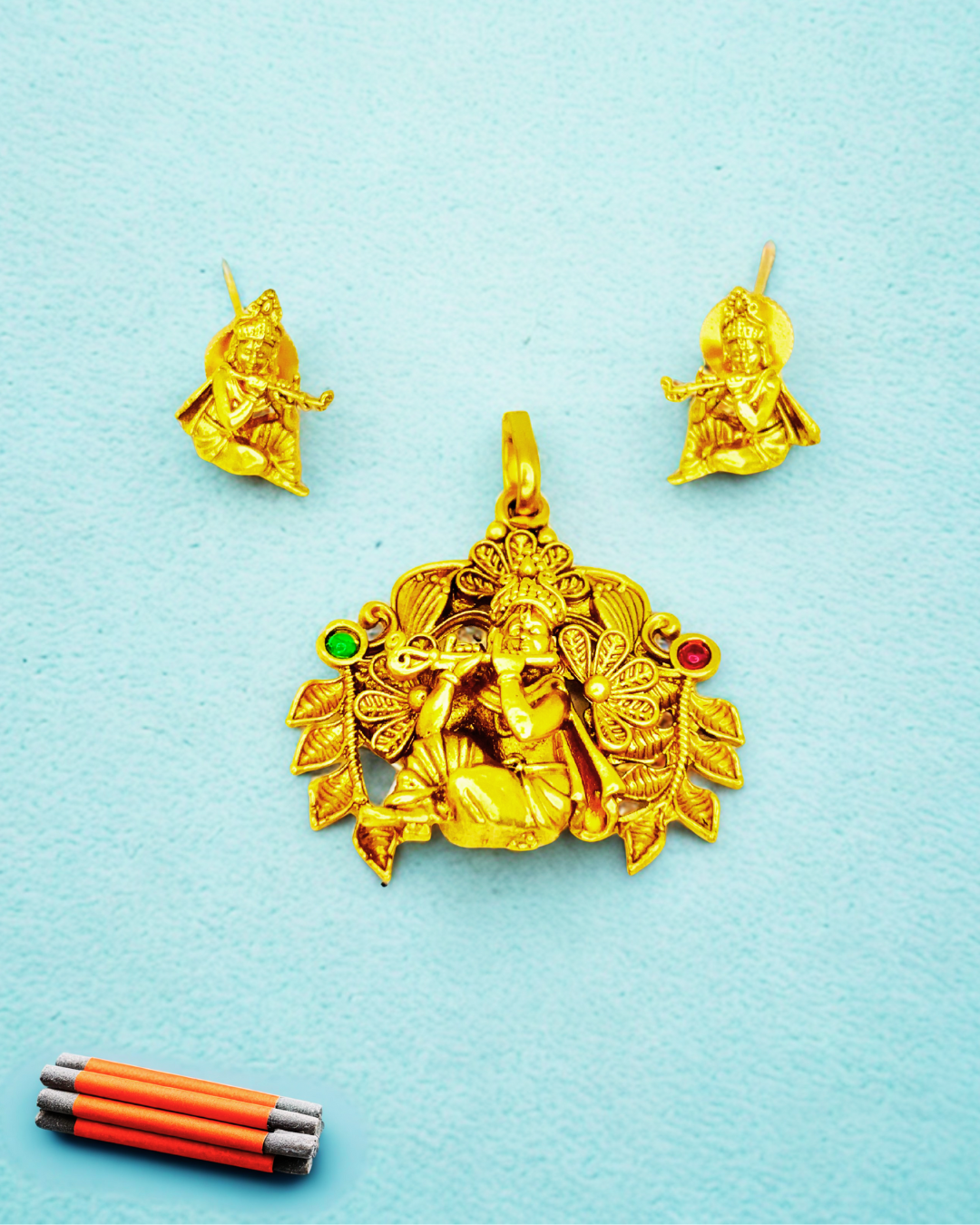 Krishna Flute Gold-Plated Pendant Temple Set