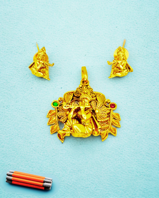 Krishna Flute Gold-Plated Pendant Temple Set