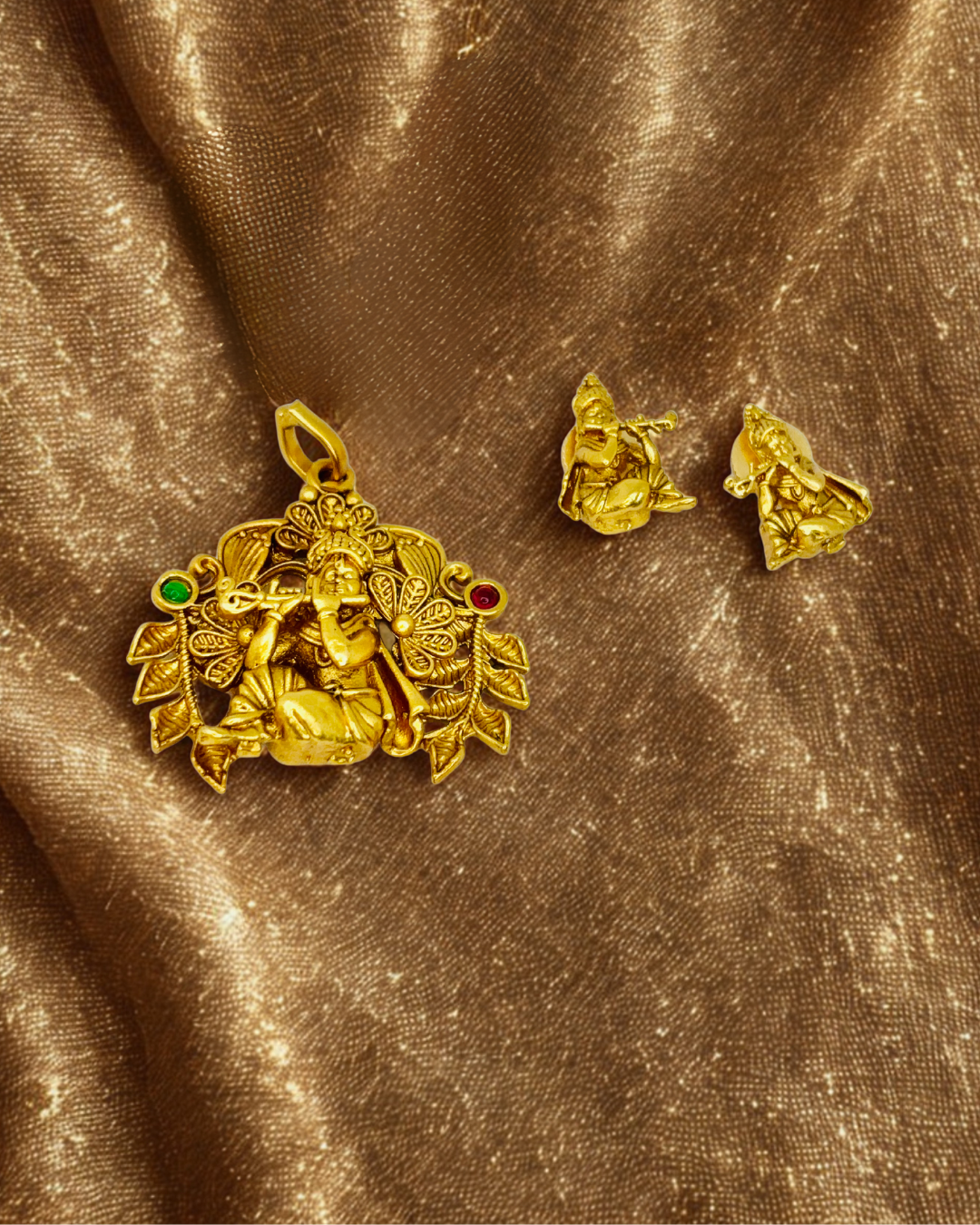 Krishna Flute Gold-Plated Pendant Temple Set