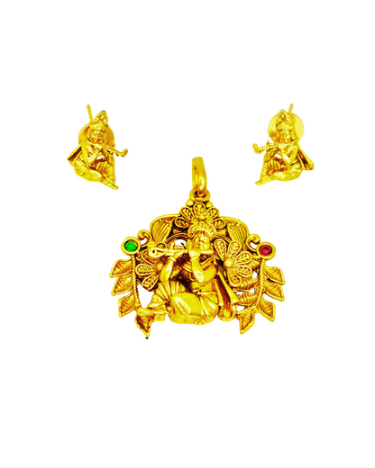 Krishna Flute Gold-Plated Pendant Temple Set