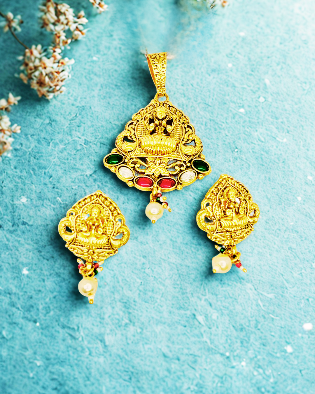 Lakshmi Antique Gold-Plated Pendant Temple Set