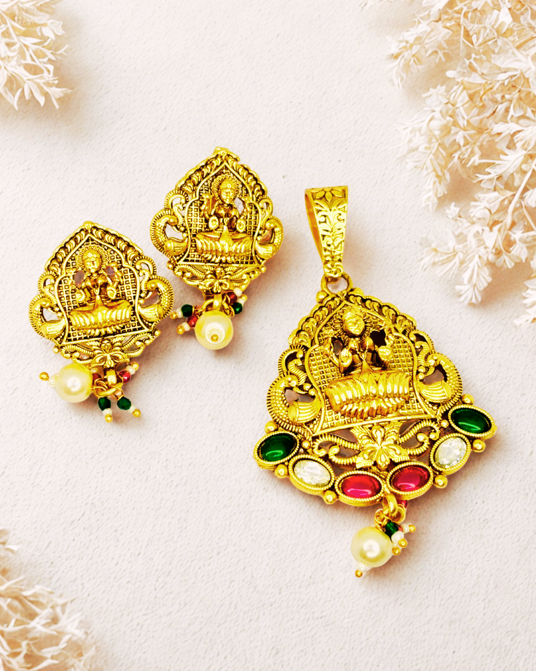 Lakshmi Antique Gold-Plated Pendant Temple Set