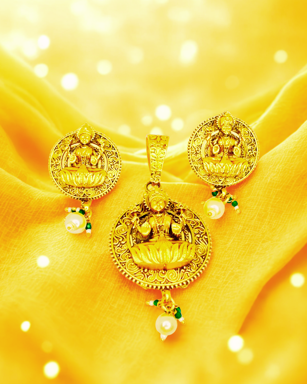 Lakshmi Lotus Gold-Plated Pendant Temple Set