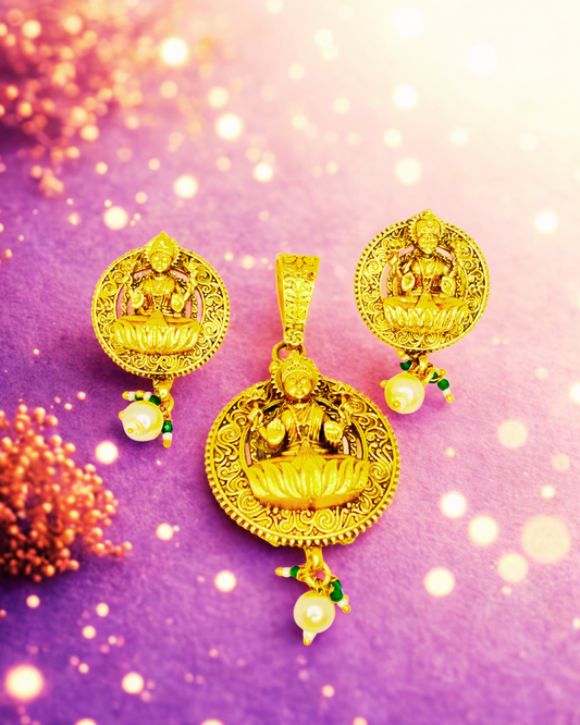 Lakshmi Lotus Gold-Plated Pendant Temple Set