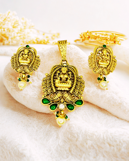 Lakshmi Peacock Gold-Plated Temple Pendant Set
