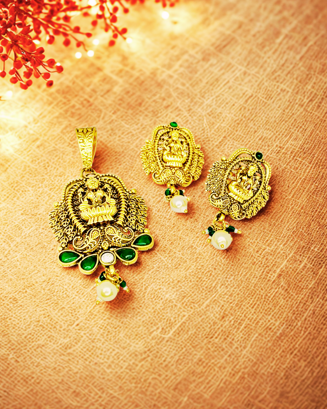 Lakshmi Peacock Gold-Plated Temple Pendant Set