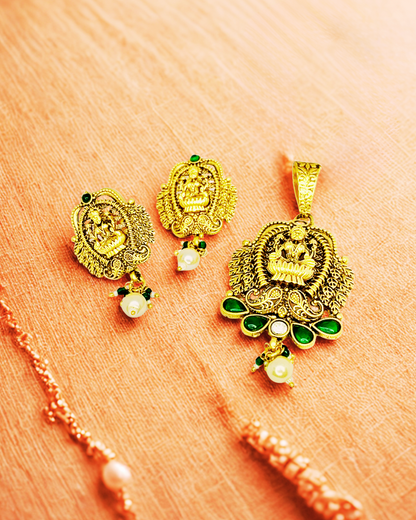 Lakshmi Peacock Gold-Plated Temple Pendant Set
