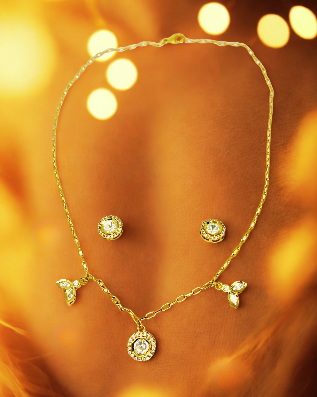 Leaf Charm Gold-Plated Necklace Kundan Set