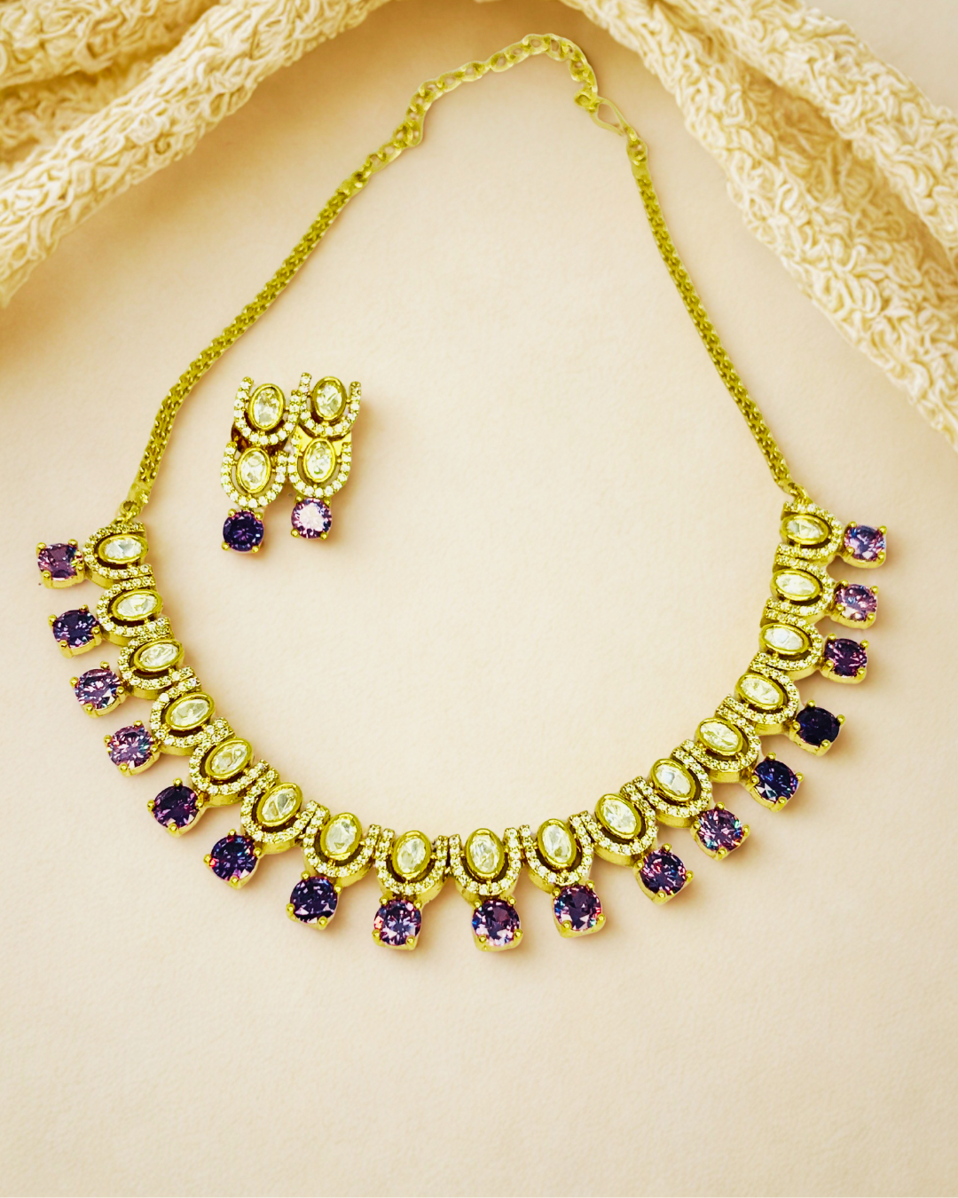 Royal Amethyst & Kundan Gold-Plated Necklace Set