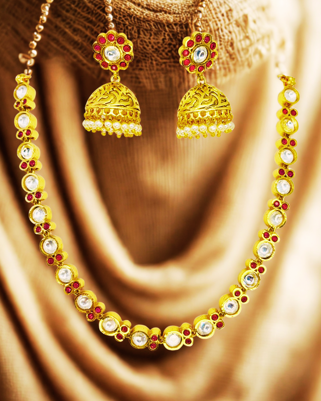 Ruby Blossom Kundan Jhumka Set