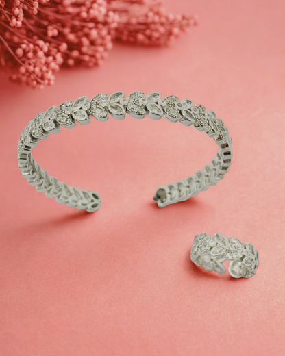 Floral Sparkle CZ Bangle-Ring Set