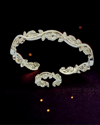 Floral Sparkle CZ Bangle-Ring Set