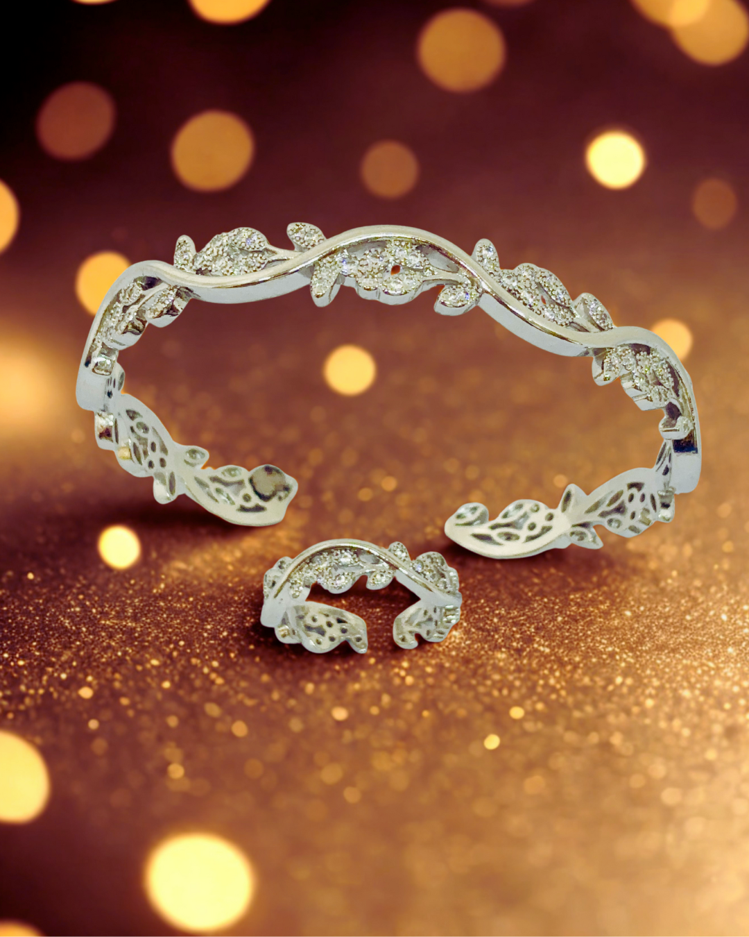 Floral Sparkle CZ Bangle-Ring Set