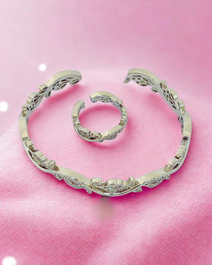 Floral Sparkle CZ Bangle-Ring Set