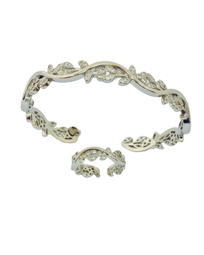 Floral Sparkle CZ Bangle-Ring Set