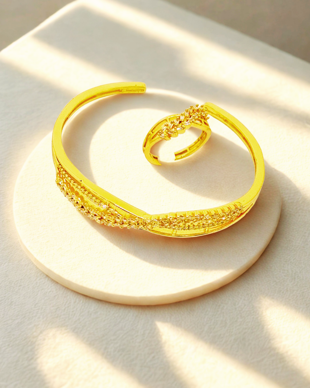 Leaf Motif Gold-Plated Cuff & Ring Set