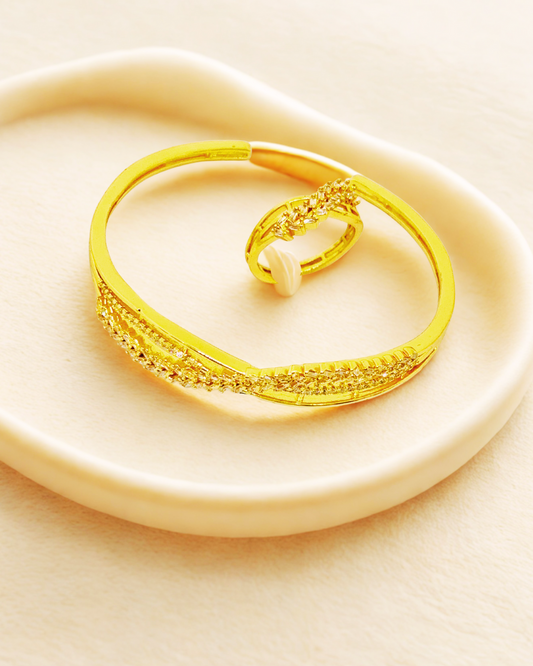 Leaf Motif Gold-Plated Cuff & Ring Set