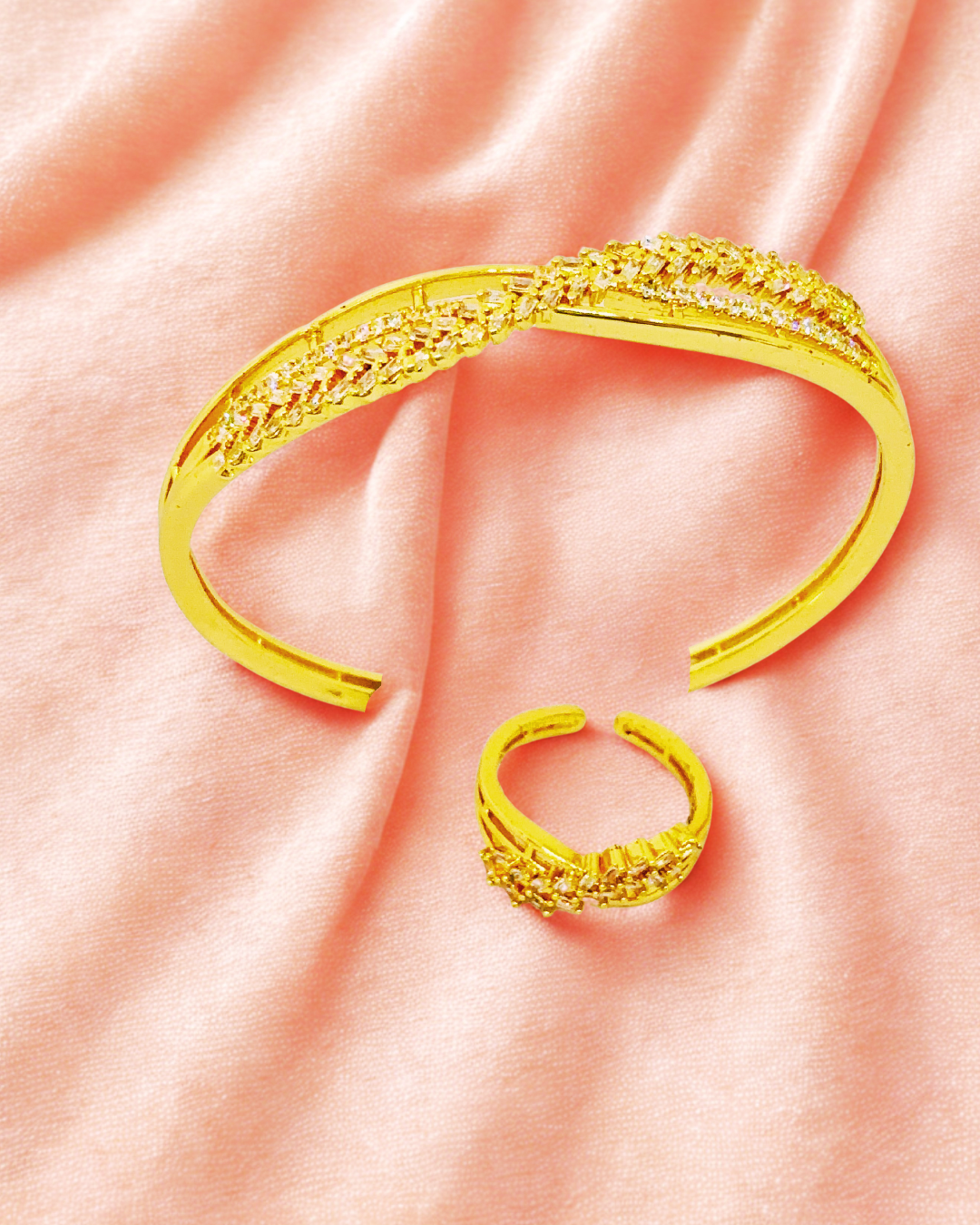 Leaf Motif Gold-Plated Cuff & Ring Set