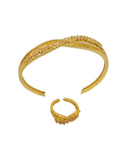 Leaf Motif Gold-Plated Cuff & Ring Set