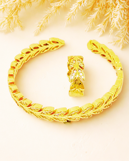 Leaf Motif Gold-Plated Cuff & Ring Set