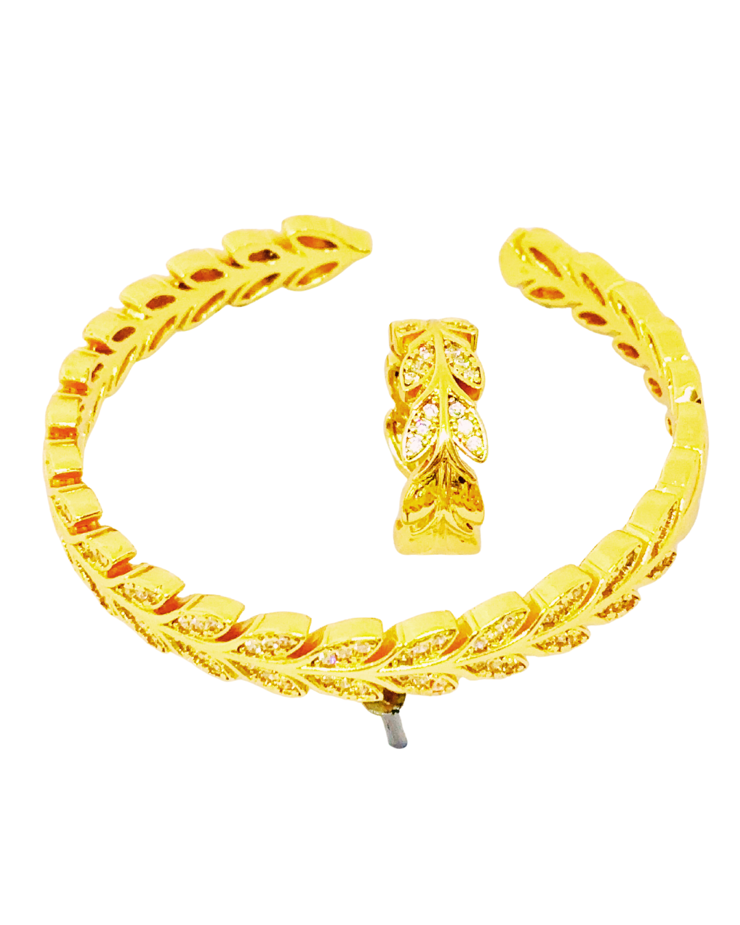 Leaf Motif Gold-Plated Cuff & Ring Set