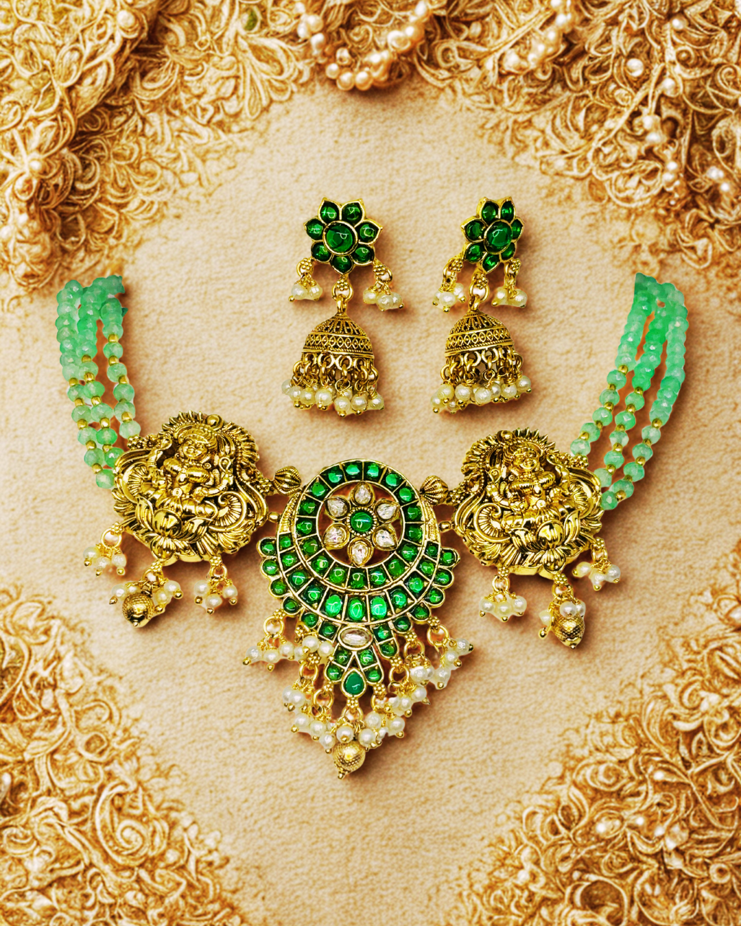 Temple Jewellery Necklace Set with Jhumka Earrings.