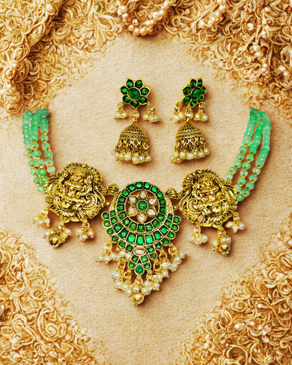 Temple Jewellery Necklace Set with Jhumka Earrings.