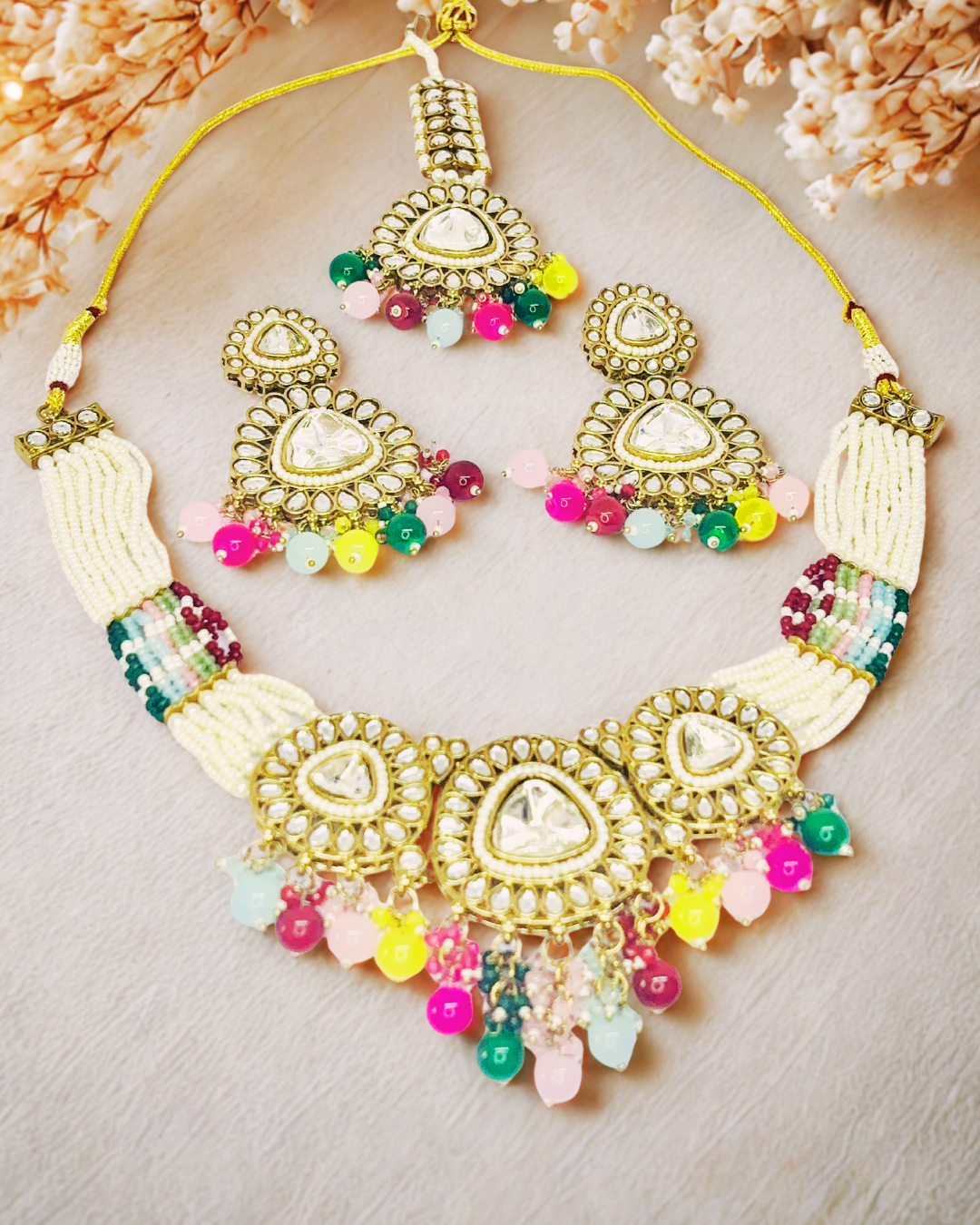 Kundan Beaded Necklace Set with Earrings & Maang Tikka.