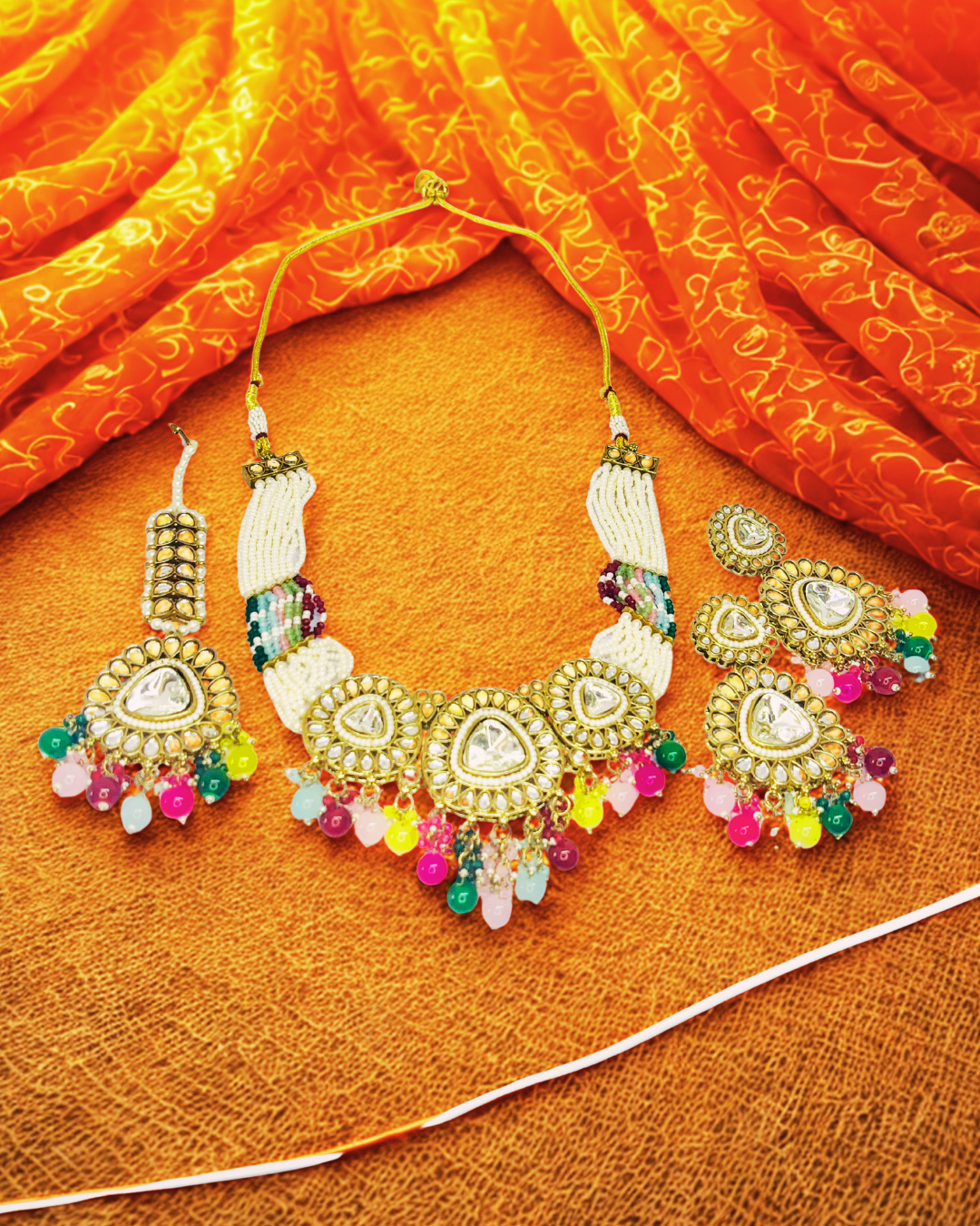 Kundan Beaded Necklace Set with Earrings & Maang Tikka.