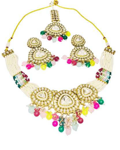 Kundan Beaded Necklace Set with Earrings & Maang Tikka.