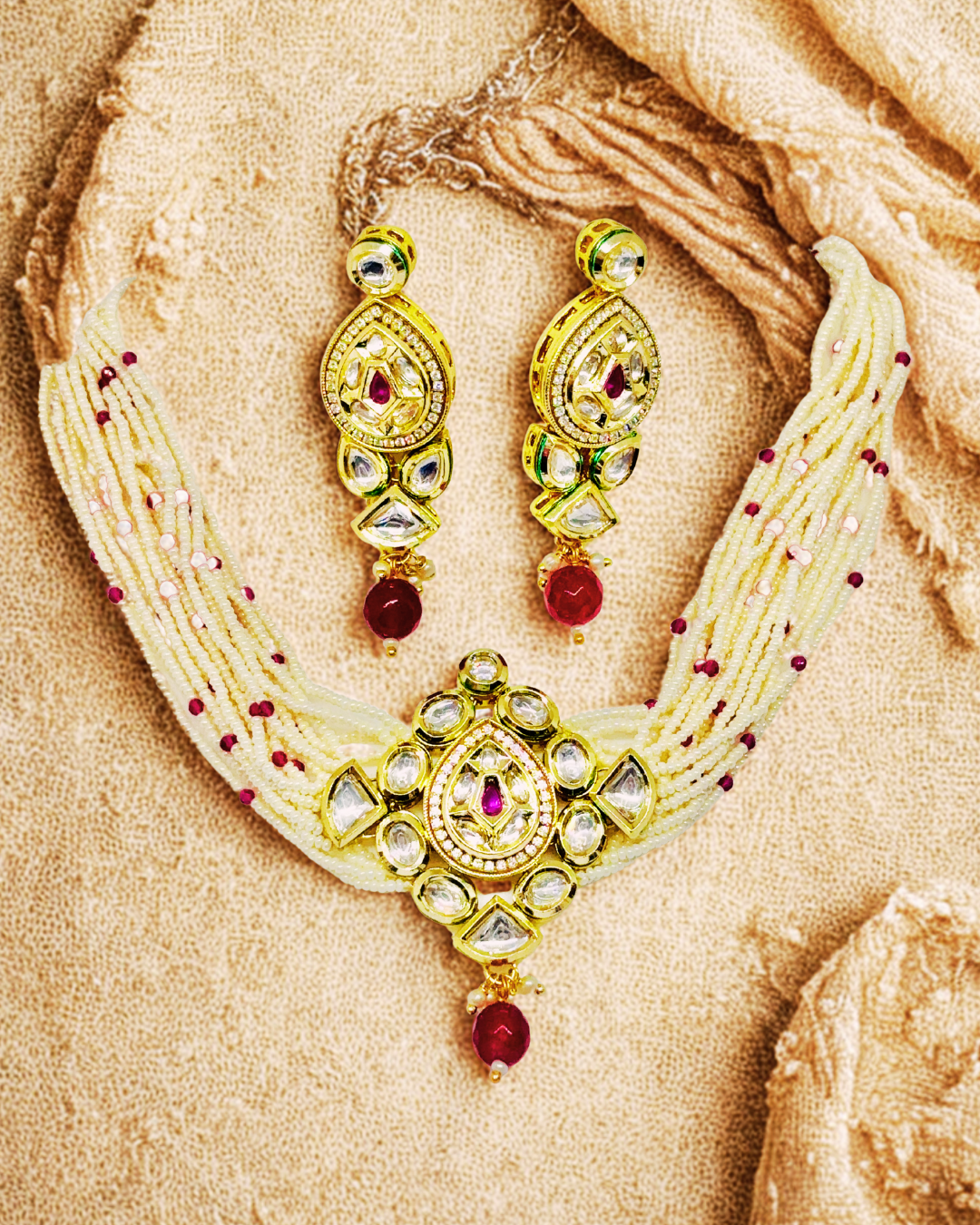 Kundan Pearl Choker Necklace Set with Earrings.