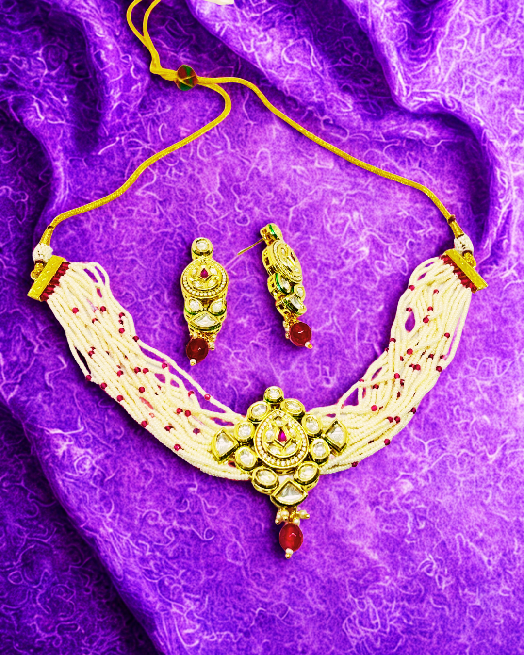 Kundan Pearl Choker Necklace Set with Earrings.