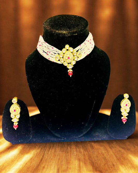 Kundan Pearl Choker Necklace Set with Earrings.