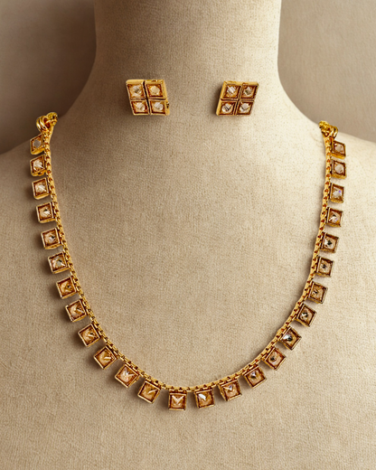 Square-Cut Kundan Necklace Set with Stud Earrings.