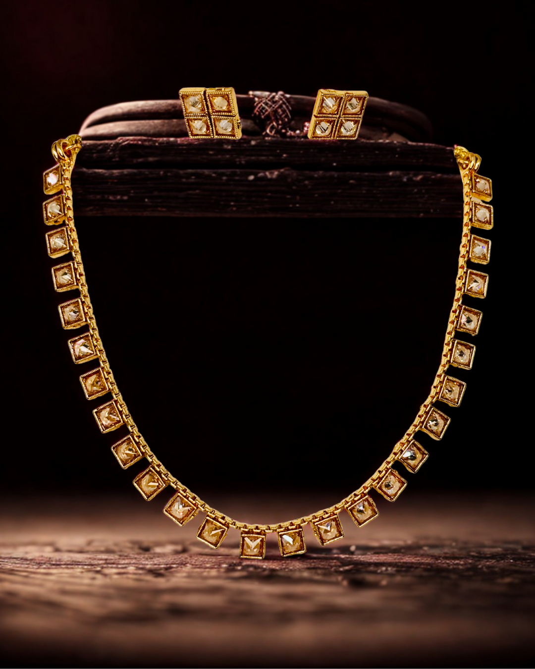 Square-Cut Kundan Necklace Set with Stud Earrings.