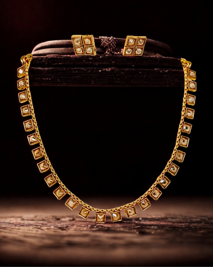 Square-Cut Kundan Necklace Set with Stud Earrings.