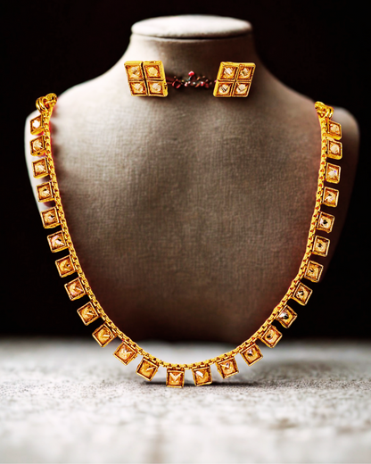 Square-Cut Kundan Necklace Set with Stud Earrings.