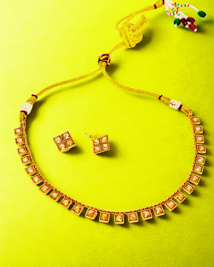 Square-Cut Kundan Necklace Set with Stud Earrings.