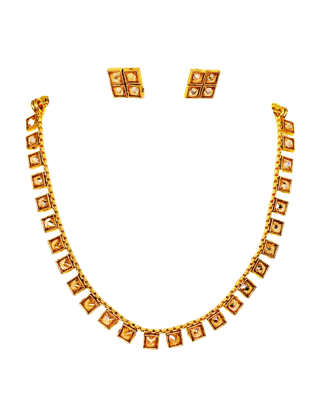 Square-Cut Kundan Necklace Set with Stud Earrings.