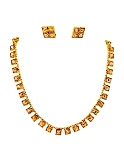 Square-Cut Kundan Necklace Set with Stud Earrings.