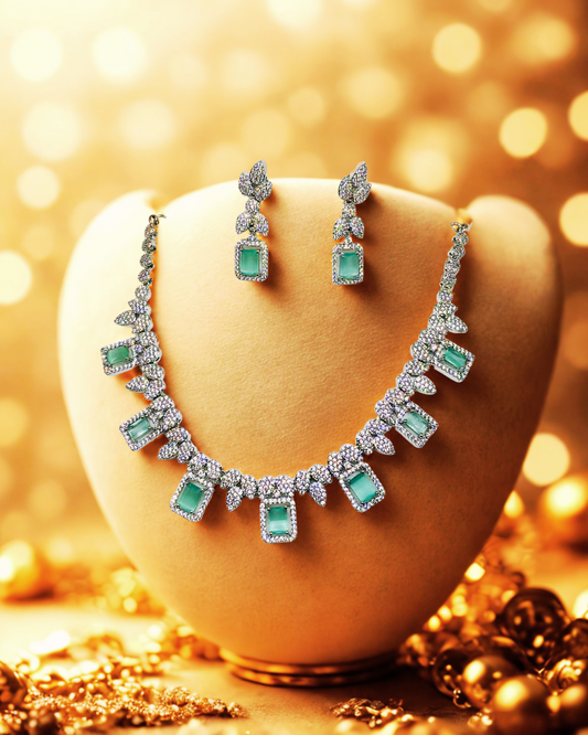 Emerald-Cut AD Stone Necklace Set with Earrings.