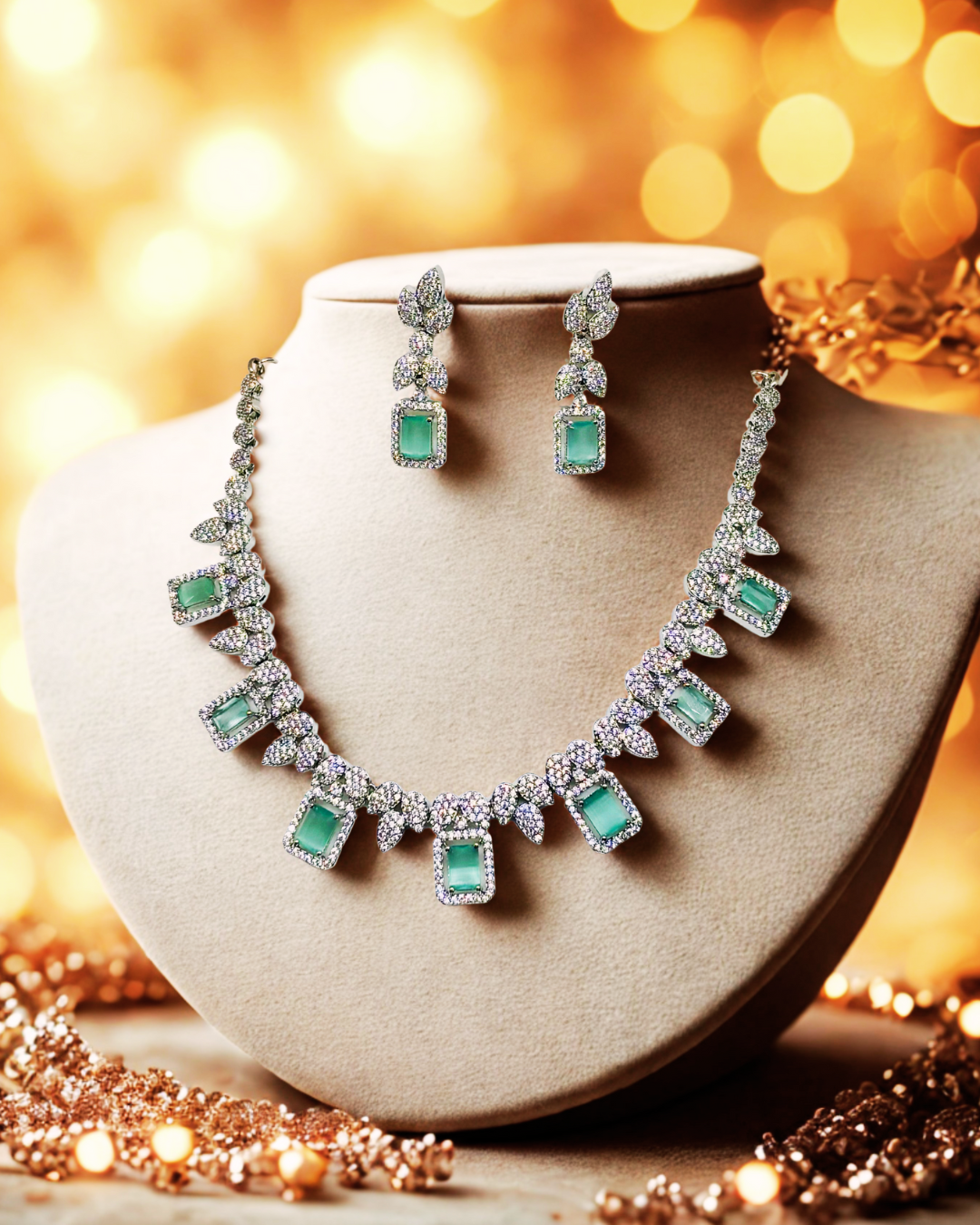 Emerald-Cut AD Stone Necklace Set with Earrings.