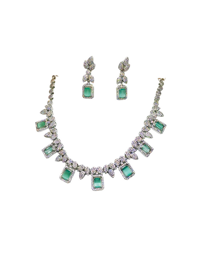 Emerald-Cut AD Stone Necklace Set with Earrings.