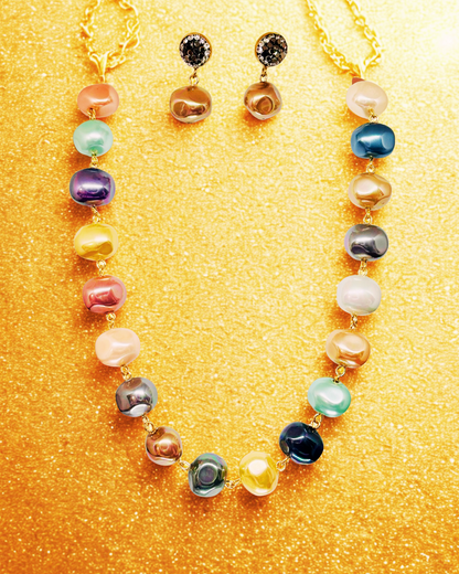Rainbow Baroque Pearl Necklace Set with Earrings.