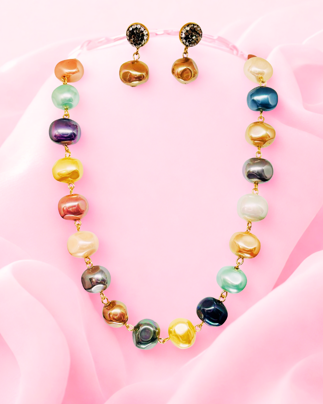 Rainbow Baroque Pearl Necklace Set with Earrings.