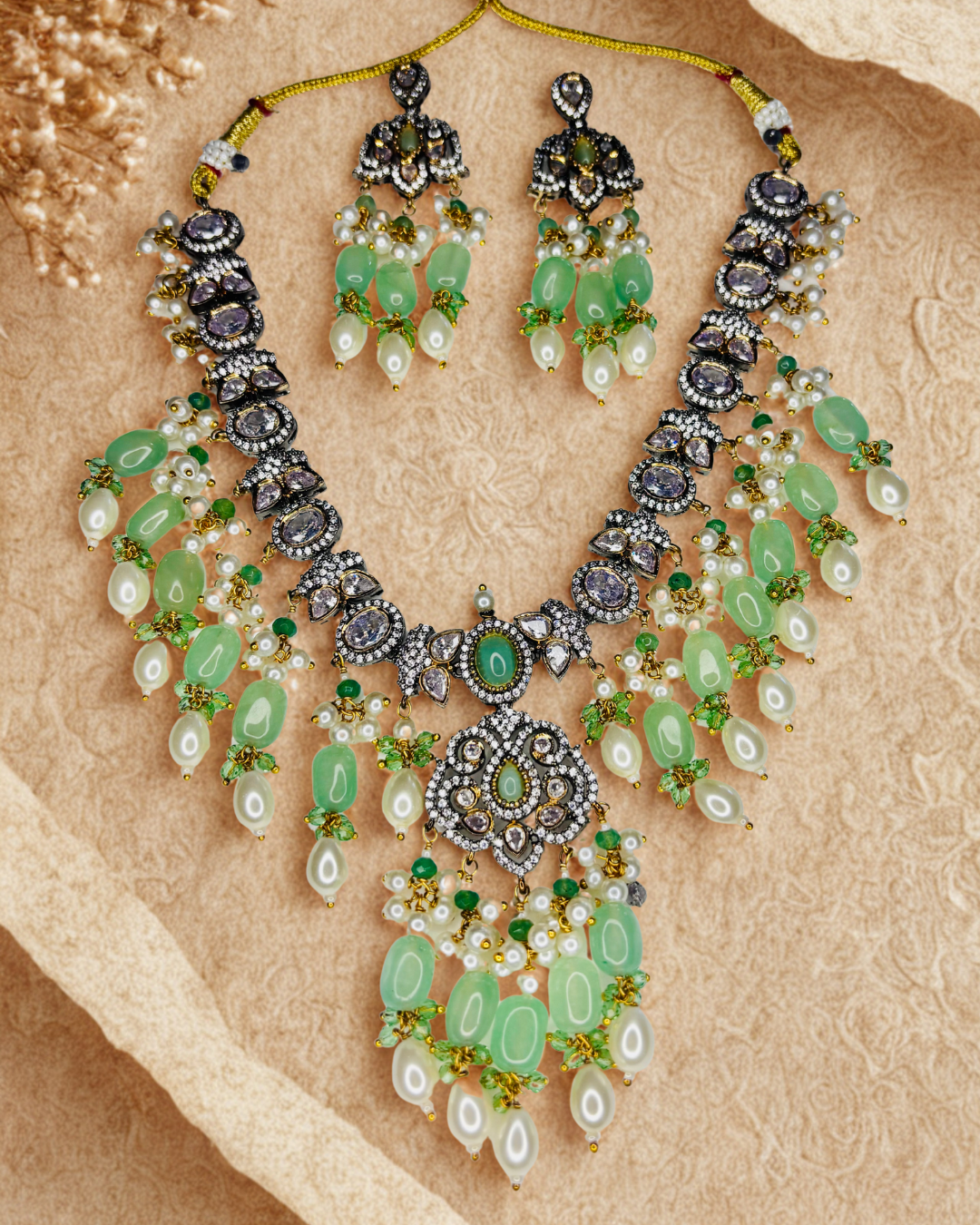 Royal Emerald Kundan Chand Haar Set