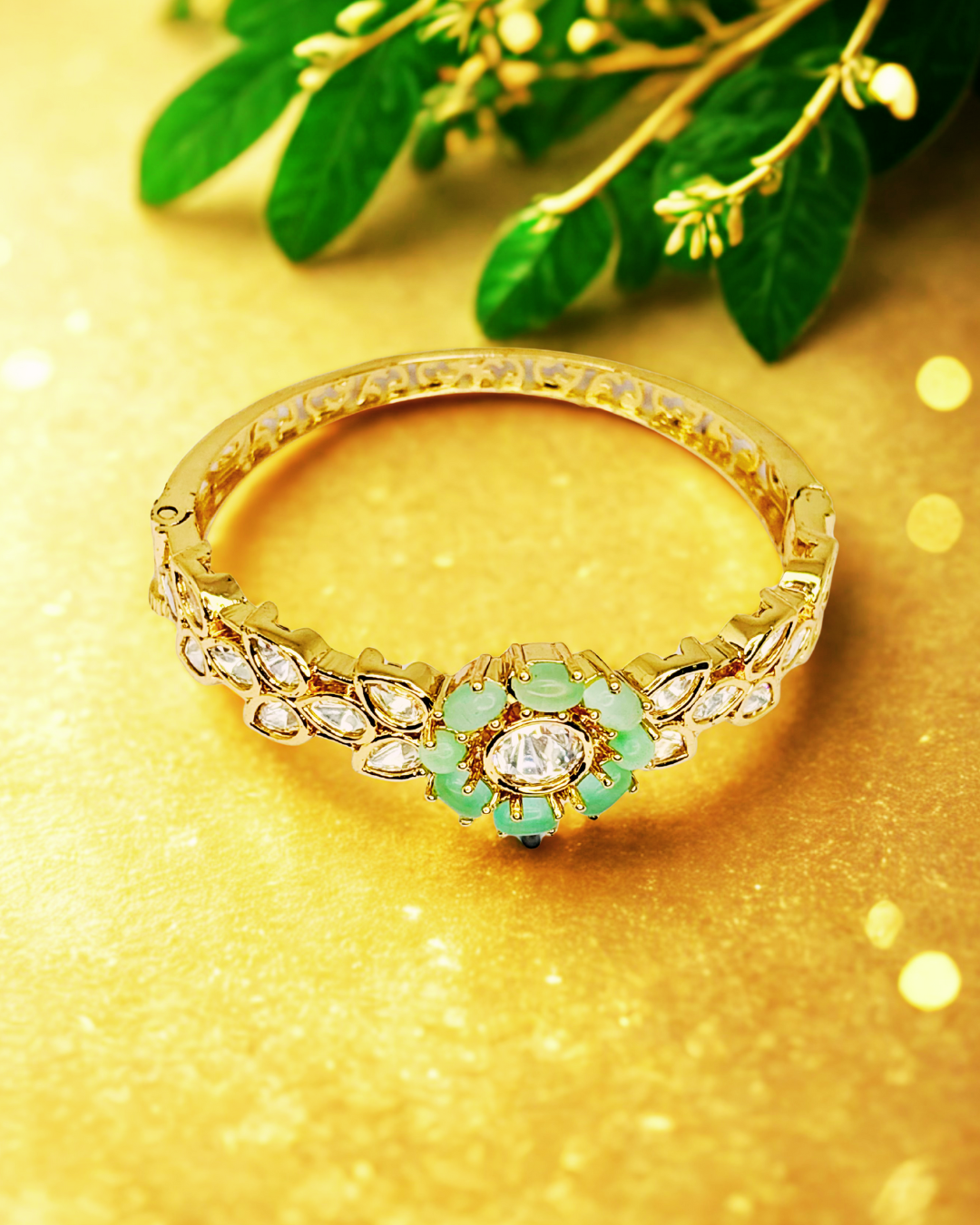 Mint Green Floral Kundan Kada