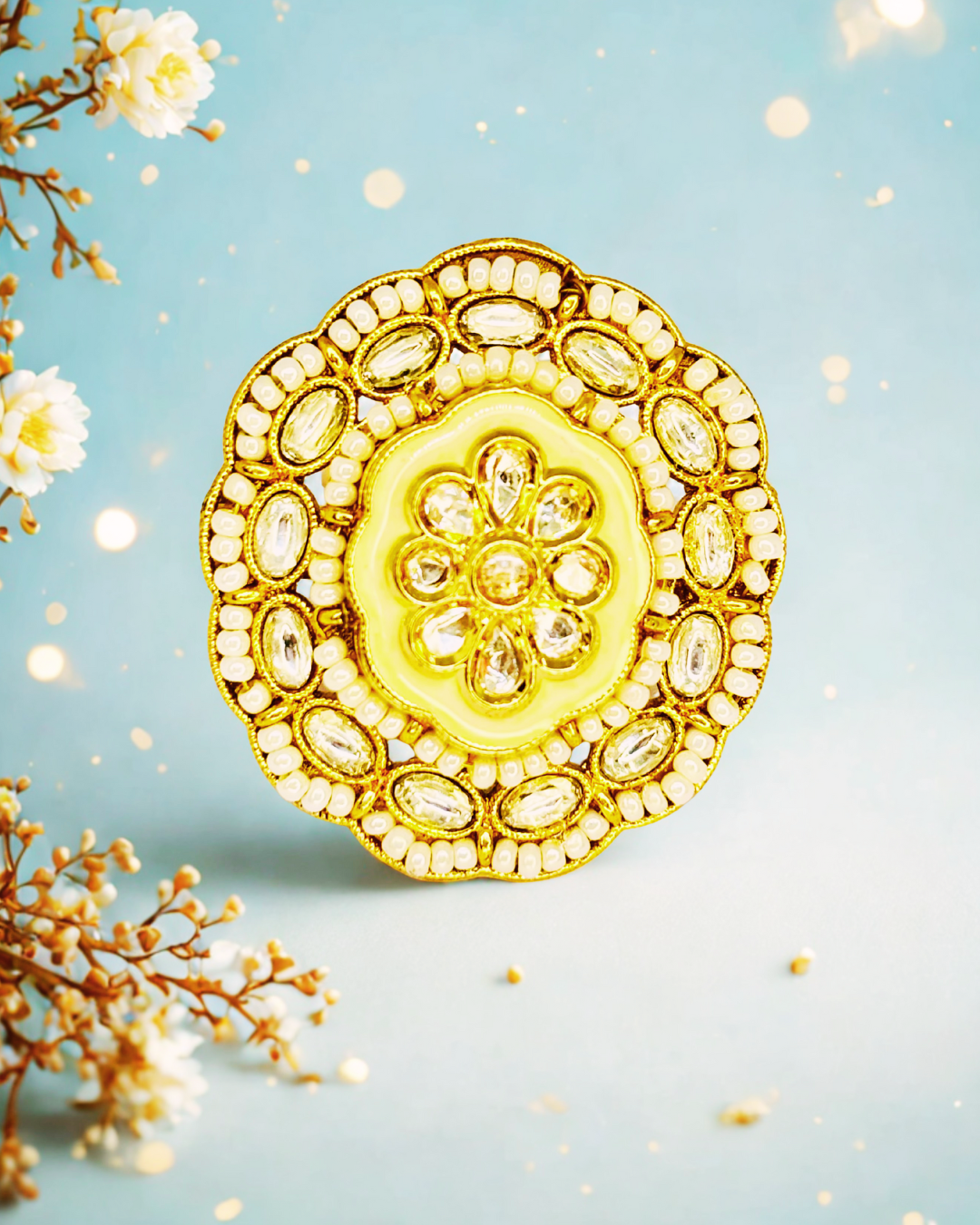 Yellow Meenakari Kundan Cocktail Ring