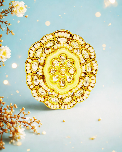 Yellow Meenakari Kundan Cocktail Ring